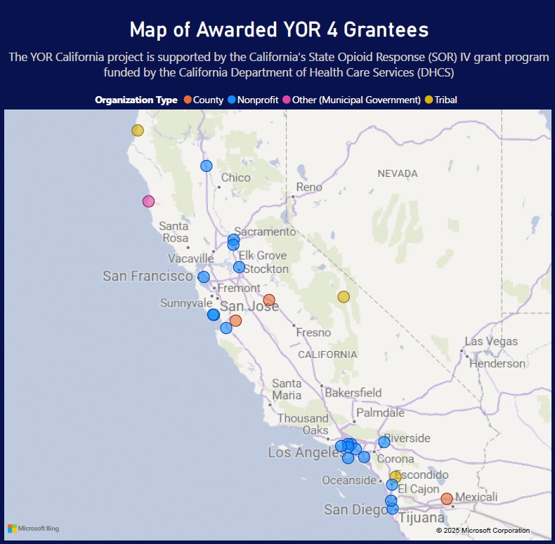 image of the state of California with dots indicating where grantees for YOR 4 are located